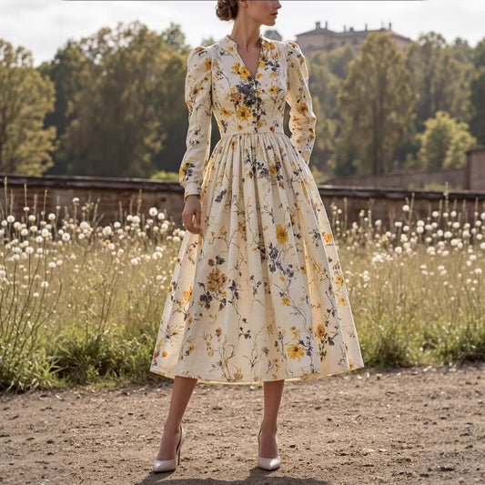 Retro Casual V-Neck Printed Long Sleeve Women'S Dress Long Skirt Spring New Style