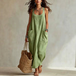 U-Neck Sleeveless Loose Pocket Maxi Dress, Casual Flowy Long Dress