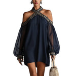 Embroidered Trim Sheer Long Sleeve Loose Tunic Dress