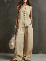 Linen Blend Sleeveless Vest & Wide-Leg Pants Set