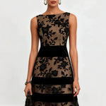 Nude Mesh Black Floral Lace Velvet Strip Sleeveless Midi Dress