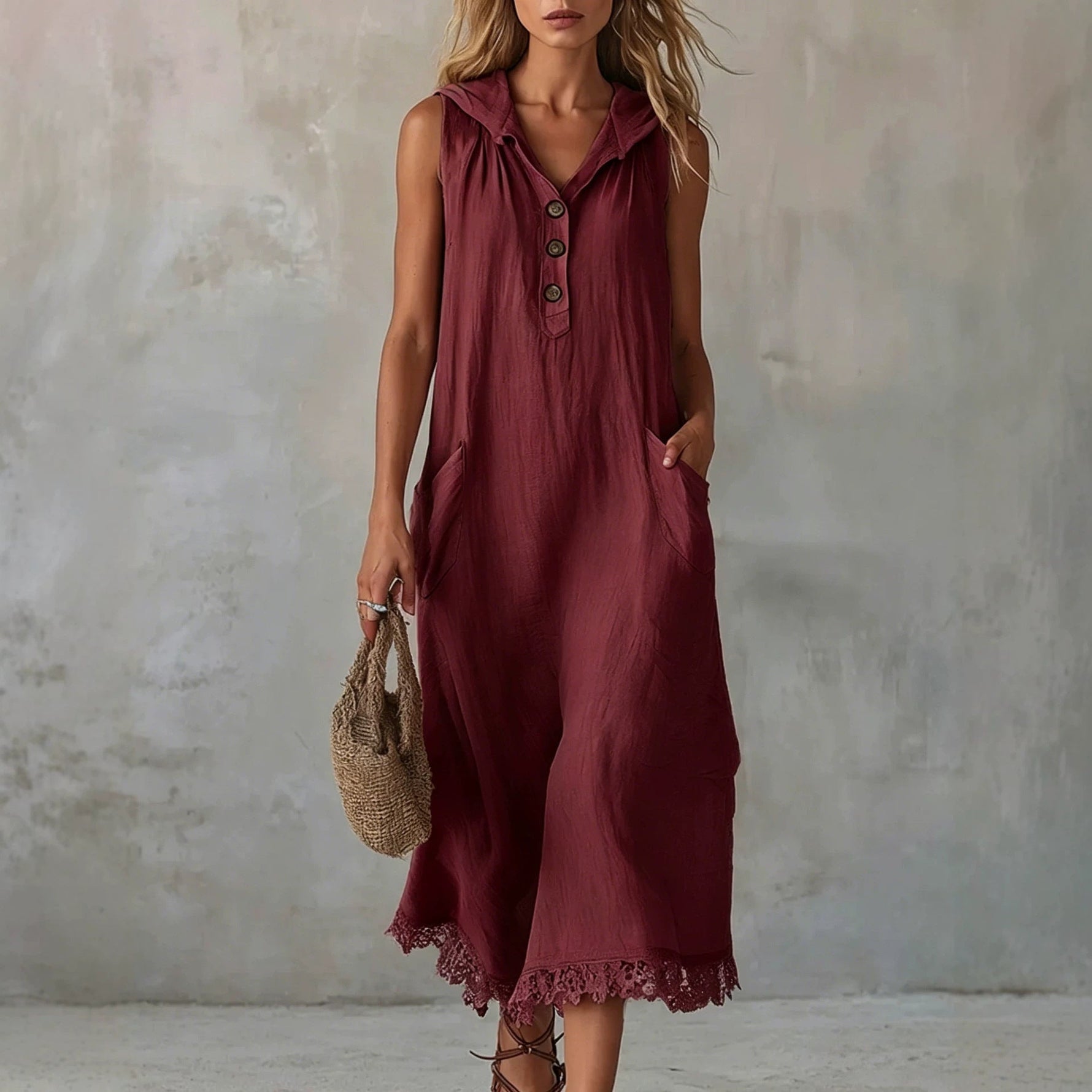 Sleeveless Collared Half Button Lace Hem Linen Midi Dress