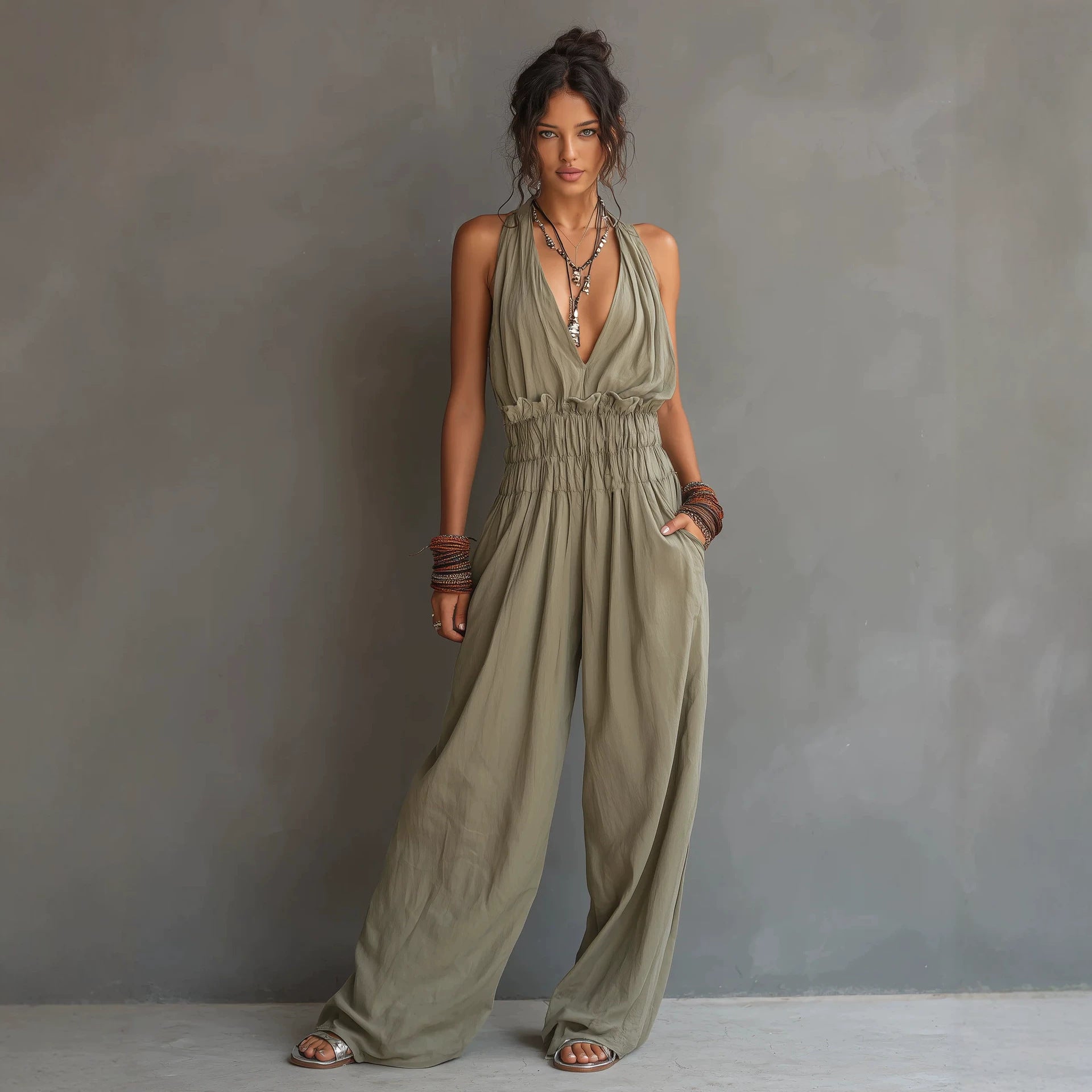Halter Deep V Smocked Elastic Waist Wide Leg Palazzo Jumpsuit