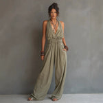 Halter Deep V Smocked Elastic Waist Wide Leg Palazzo Jumpsuit