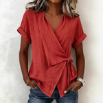 Wrap Tie Waist Linen Blend Short Sleeve V-Neck Blouse