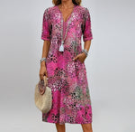 Fashion New Summer Skirt Casual Temperament Printed Short-Sleeved V-Neck Dress