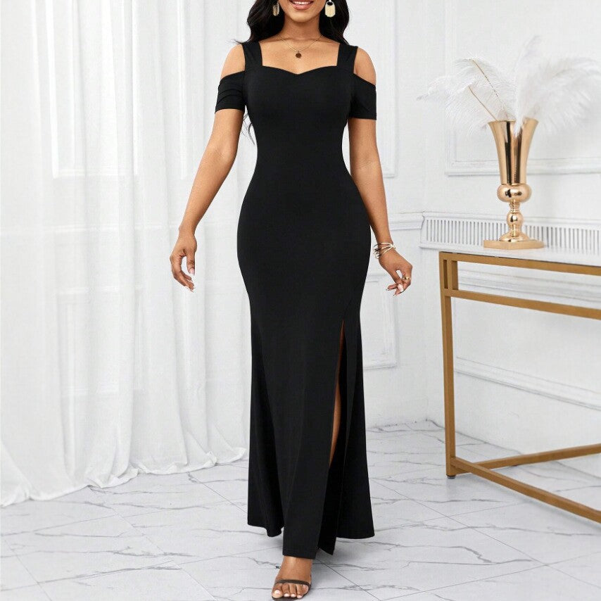 Black Off-Shoulder Slit Long Skirt, Slim Dress, Feminine Evening Dress, Early Summer Exquisite Cross-Border Ready Stock
