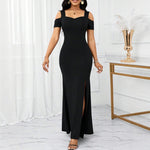 Black Off-Shoulder Slit Long Skirt, Slim Dress, Feminine Evening Dress, Early Summer Exquisite Cross-Border Ready Stock