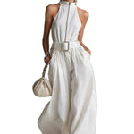 Women's White Linen-Blend Halter Wide-Leg Jumpsuit with Belt
