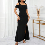 Black Off-Shoulder Slit Long Skirt, Slim Dress, Feminine Evening Dress, Early Summer Exquisite Cross-Border Ready Stock