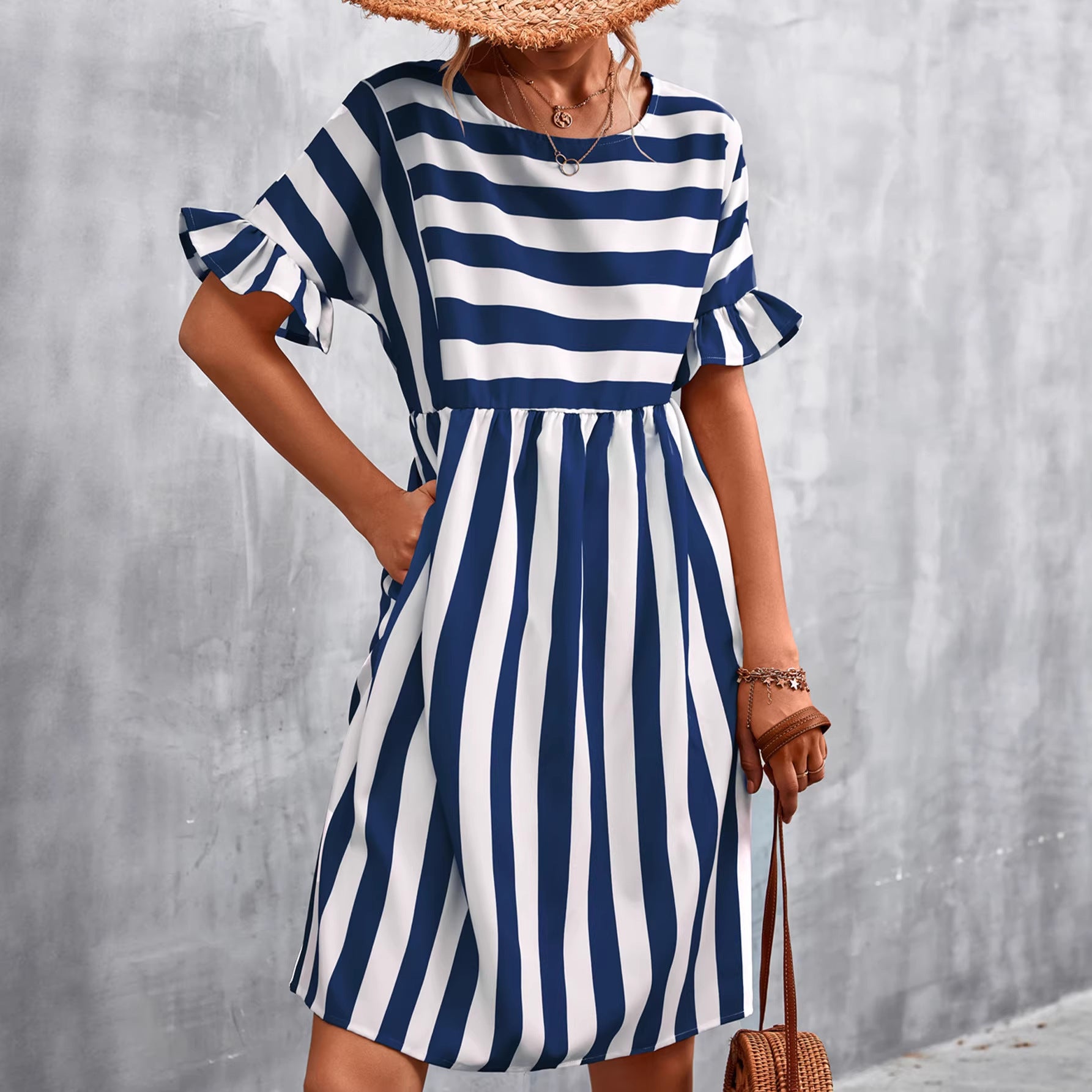New Ruffled Short-Sleeved Striped Loose Dress