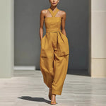Linen Halter Wide Leg Pocketed Jumpsuit