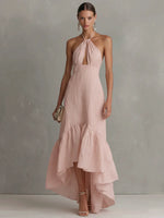 Textured Halter Keyhole High Low Ruffle Maxi Dress