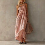 Dusty Pink One Shoulder Ruched Linen Maxi Dress