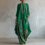 Women's Artistic Linen-Blend Asymmetrical Top & Floral Print Wide Leg Pants Two-Piece Set
