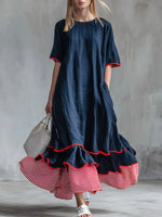 Linen Piping Stripe Ruffle Hem Loose Maxi Dress