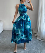 Summer Halter-Neck Waist-Cinching Sleeveless Ruffle Dress