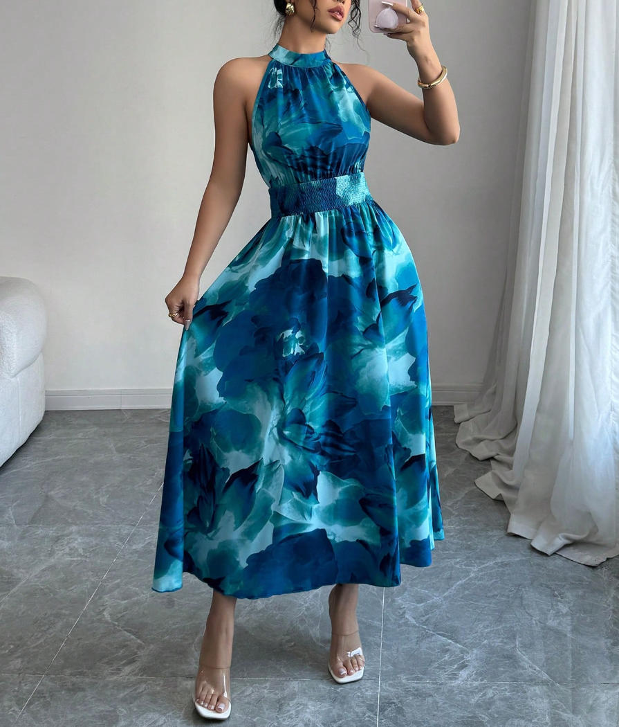 Summer Halter-Neck Waist-Cinching Sleeveless Ruffle Dress