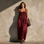 Smocked Square Neck Spaghetti Strap Pocket Linen Blend Maxi Dress