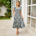 Women's V-Neck Ruffle Sleeve Midi Dress - Versatile Casual Floral/Print Dress with Pockets (6 Colors Available)