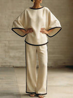 Women'S Elegant Round Neck Loose Bat Sleeves Cotton And Linen Two-Piece Set