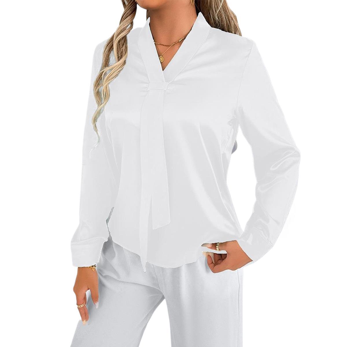 Real Shot Of Foreign Trade Women'S European And American Style Autumn And Autumn Denim Satin Shirt 25 Autumn New Product Simulated Silk White Blouse