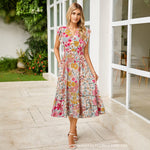 Women's V-Neck Ruffle Sleeve Midi Dress - Versatile Casual Floral/Print Dress with Pockets (6 Colors Available)