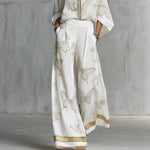 High Waist Wide Leg Pants Two Piece Set, Luxury Satin Elegant Vacation Matching Outfit
