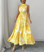 Summer Halter-Neck Waist-Cinching Sleeveless Ruffle Dress
