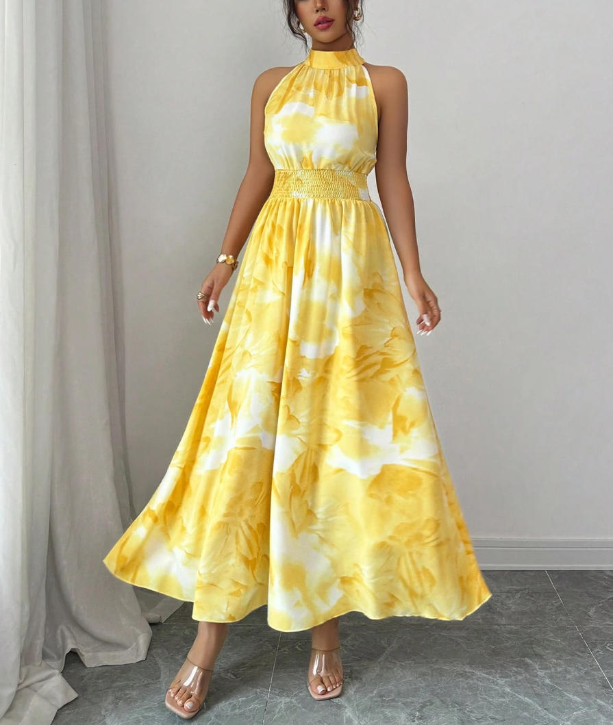 Summer Halter-Neck Waist-Cinching Sleeveless Ruffle Dress