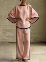 Women'S Elegant Round Neck Loose Bat Sleeves Cotton And Linen Two-Piece Set