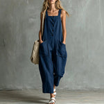 Loose Linen Square Neck Sleeveless Pocket Jumpsuit Casual Overall