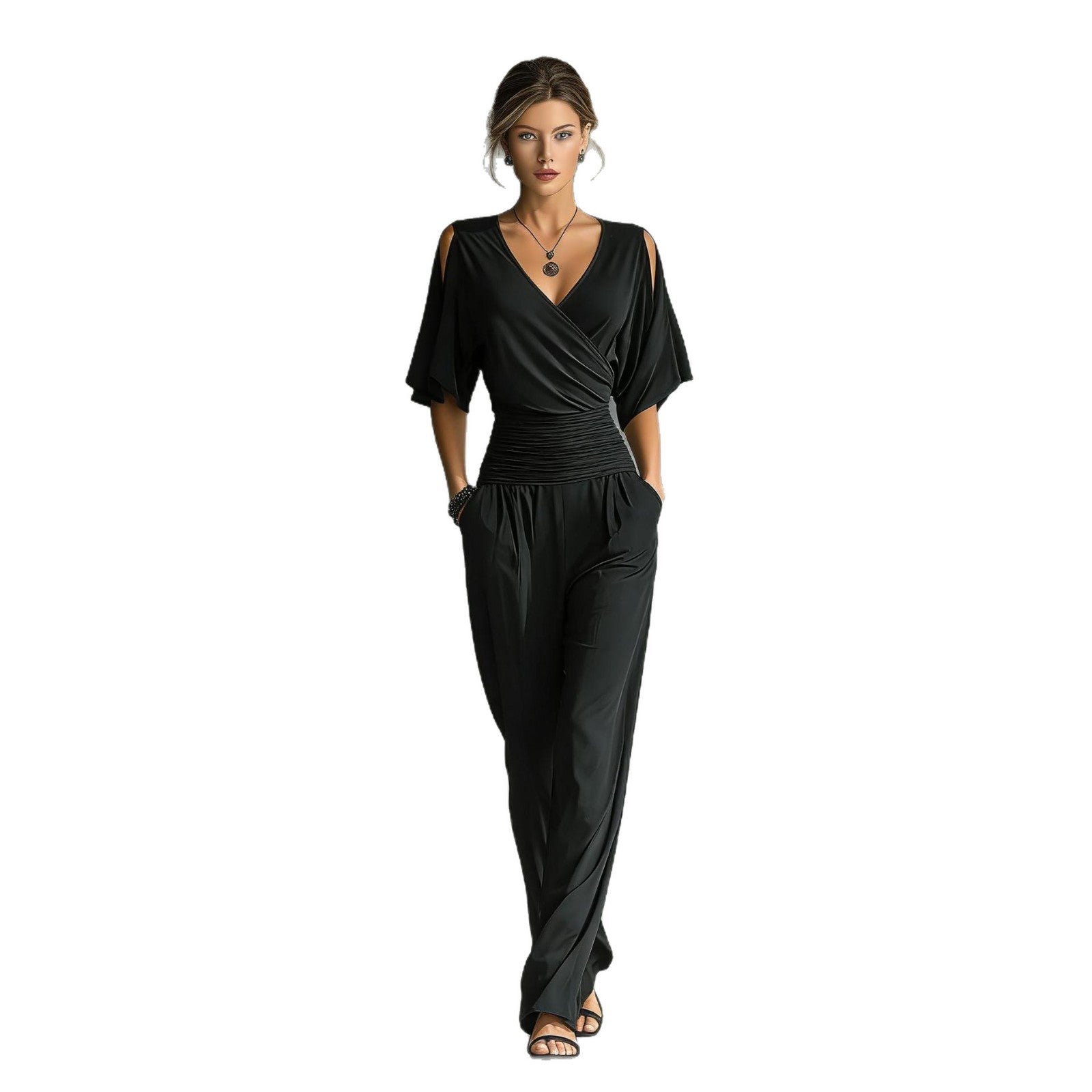 Cold Shoulder Wrap V Ruched Waist Wide Leg Jumpsuit