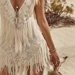 White Crochet Lace Halter Fringe Mini Tunic Dress