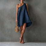 Linen One Shoulder Frayed Hem Asymmetrical Mini Swing Dress