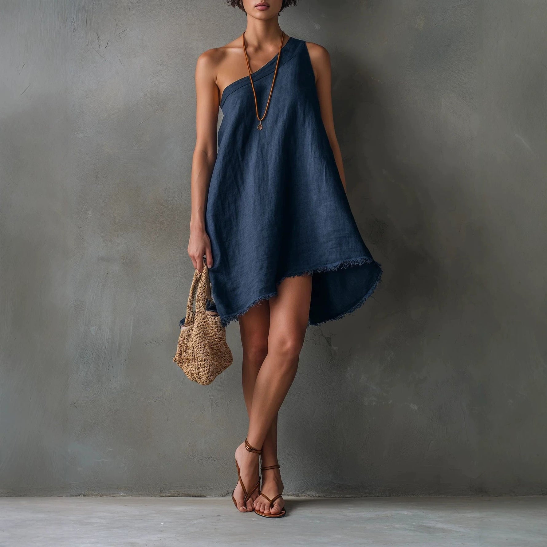 Linen One Shoulder Frayed Hem Asymmetrical Mini Swing Dress