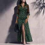 Leopard Print Mesh Sleeve Maxi Shirt Dress