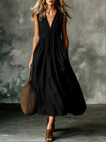 Twist Front V-Neck Sleeveless Pocket Textured Flowy Maxi Dress
