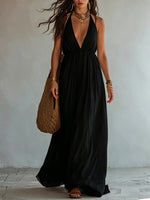 Halter Deep V Gathered Empire Waist Flowy Chiffon Maxi Dress