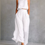 Chartreuse Textured Linen Matching Set, Sleeveless Tank Top & High Waist Flowy Wide Leg Pants