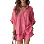 Oversized Linen Blend Button-Down Shirt & Shorts Set | Casual Breathable Two-Piece Outfit for Women
