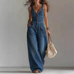Women's Washed Denim Loose-Fit Sleeveless Jumpsuit