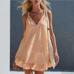 Orange White Vertical Stripe Spaghetti Strap Ruffle Hem Mini Dress