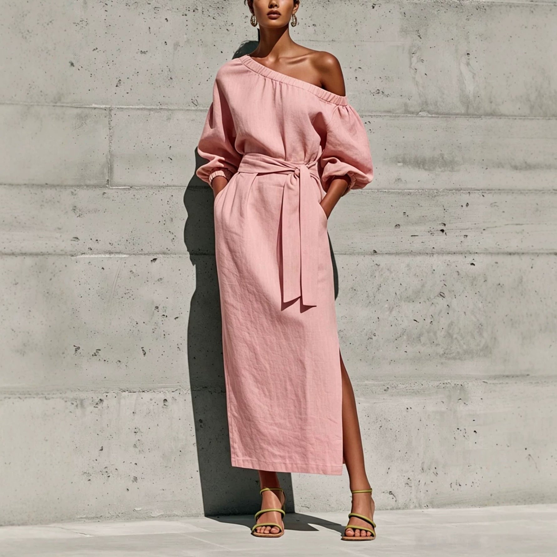 Linen One Shoulder Puff Sleeve Tie Waist Side Slit Midi Dress