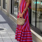 Striped Halter Neck Backless Dress Striped Halter Neck Backless Loose Dress For Women