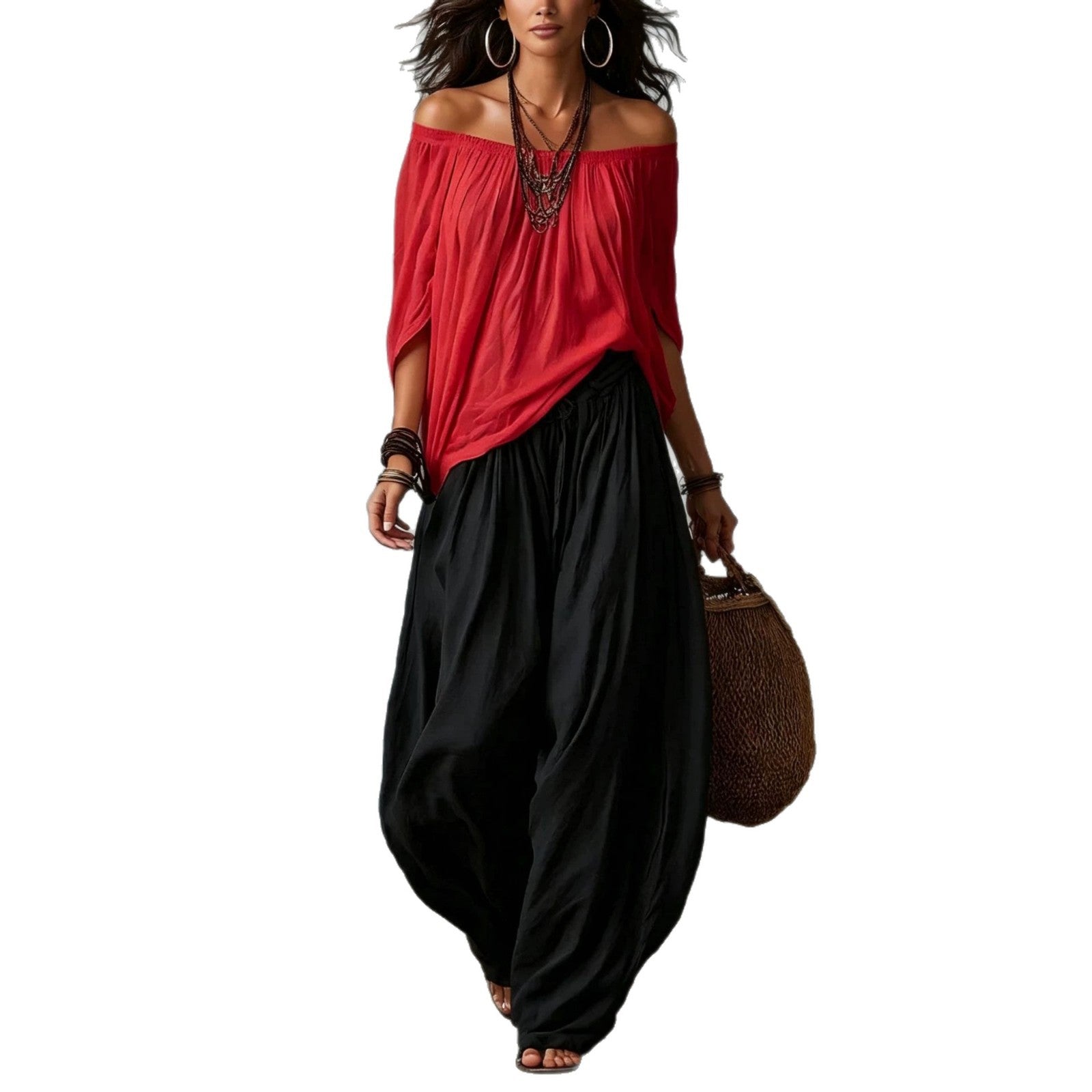 Summer New Women'S High-End Casual Wide-Leg Pants Paired With Exquisite One-Line Collar Off-Shoulder Tops