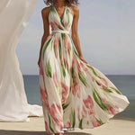 Halter V-Neck Floral Pleated Maxi Dress with Waist Belt