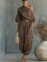 Leopard Print One Shoulder Batwing Top & Cuffed Harem Jogger 2 Piece Co-Ord Set