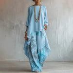Women's Artistic Linen-Blend Asymmetrical Top & Floral Print Wide Leg Pants Two-Piece Set