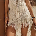 White Crochet Lace Halter Fringe Mini Tunic Dress